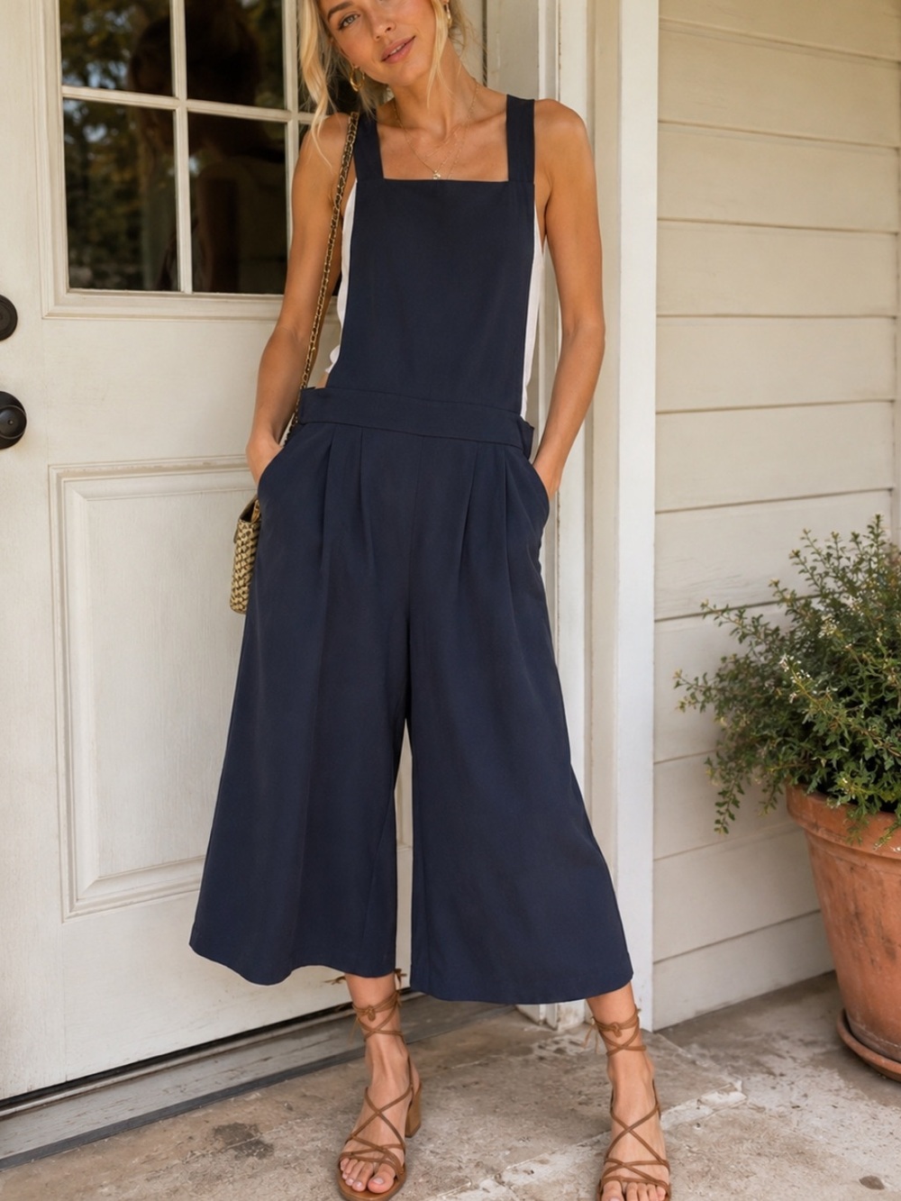 Tibi New York Navy blue One-Shoulder Tie Neck Jumpsuit Wide Leg 6 25670